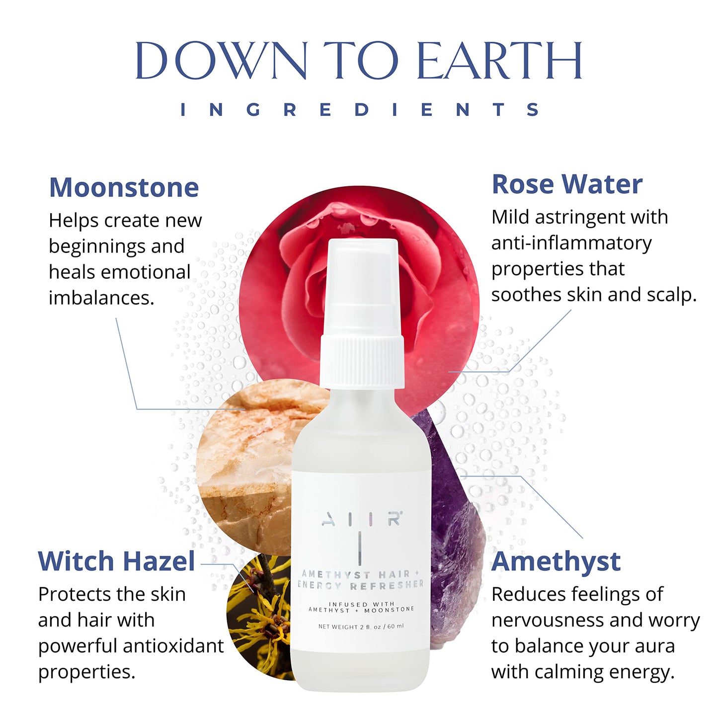 AIIR Amethyst Hair + Energy Refresher - 2 Fl Oz Crystal Infused Room and Hair Mist with Rose Water for Positive Energy Cleansing