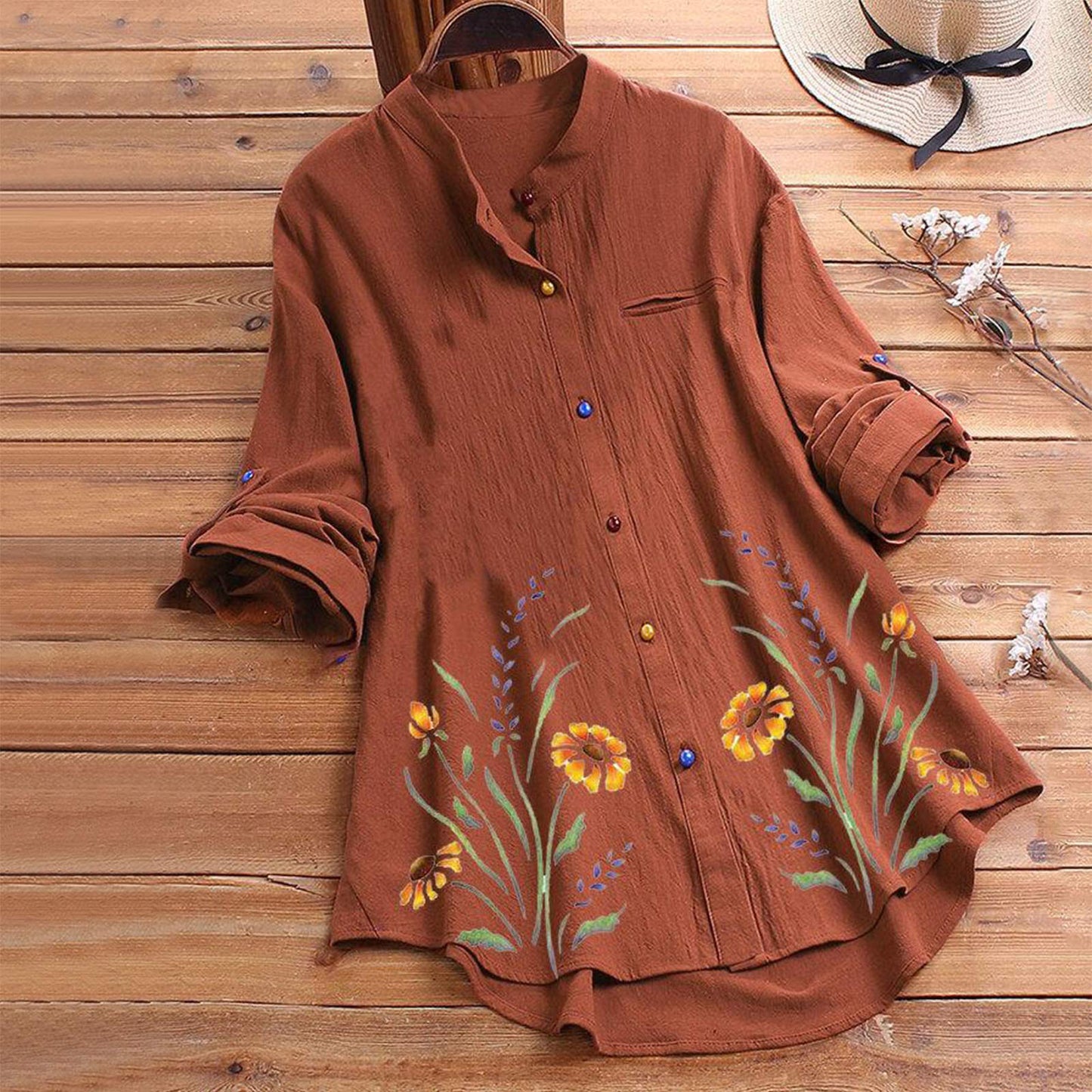 Aniywn Women Round Neck Lace Up Lace Patchwork Flare Pullover Top Casual Plus Size 3/4 Sleeve Floral Printed T-Shirt Brown