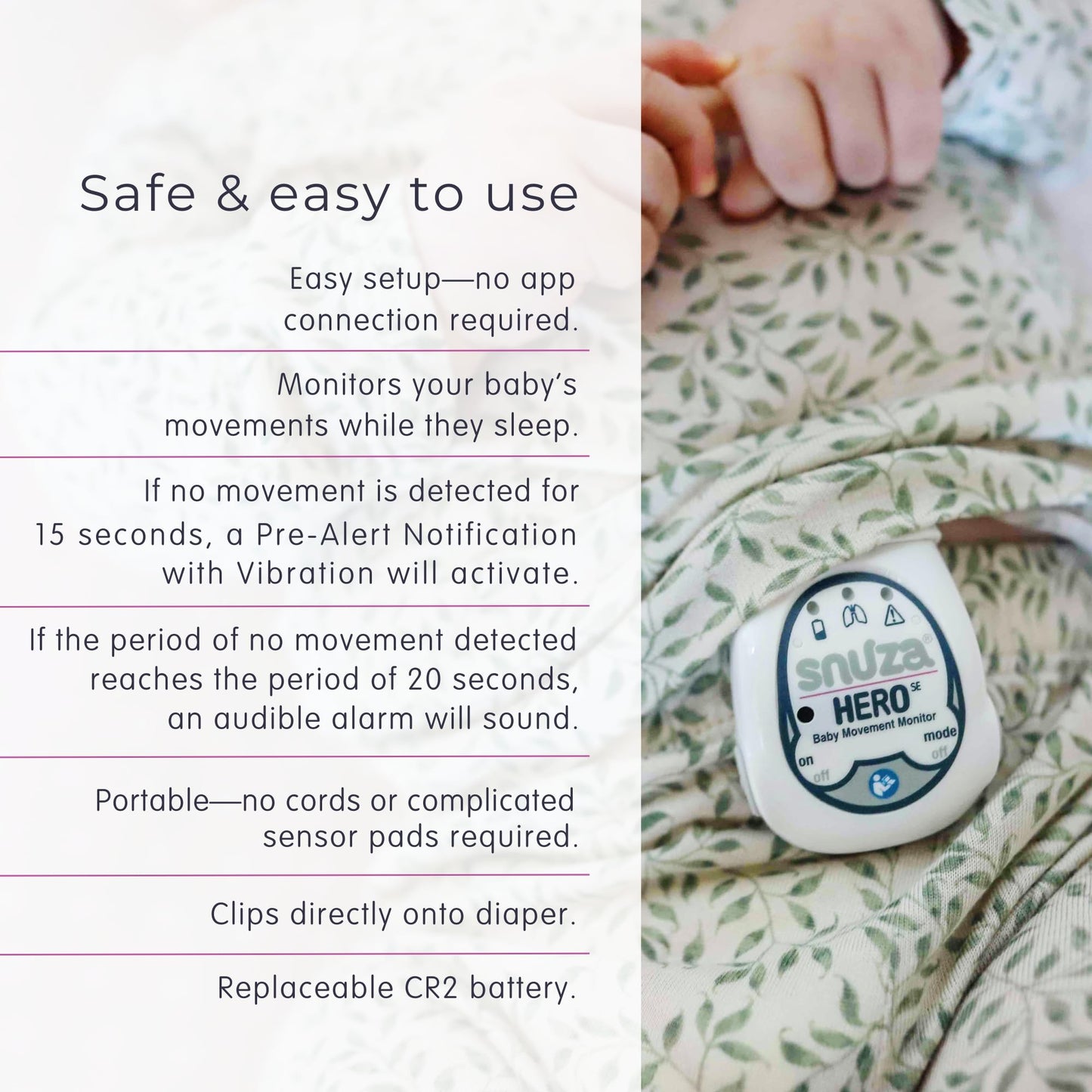 Snuza Hero Baby Monitor: Alerts When No Movement Detected, Gentle Vibration Pre-Alerts, Attaches to Nappy, No WiFi/Bluetooth, Medical Grade Material. Safer Sleep for Babies, Better Sleep for Parents.