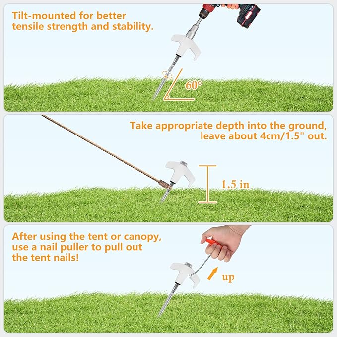 10 Pcs 8" Heavy Duty Screw-in Tent Stakes with Storage Bag, Glow-in-The-Dark Ground Anchor Peg, Metal Threaded Drillable Tent Stake for Camping Swing Canopies, with 1 Hex Nut Driver, Peg Puller