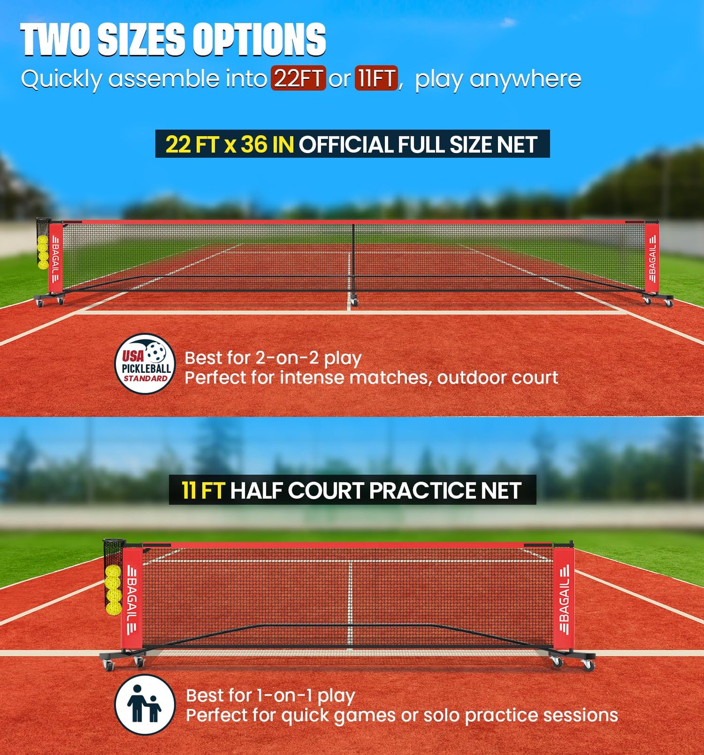 BAGAIL Portable Pickleball Net Set with Wheels, 22 FT Regulation Size & 11 FT Half Court Size 2-in-1 Pickle Ball Net with Ball Collector, Carry Bag, Easy Setup for Outdoor Indoor Driveway - Red