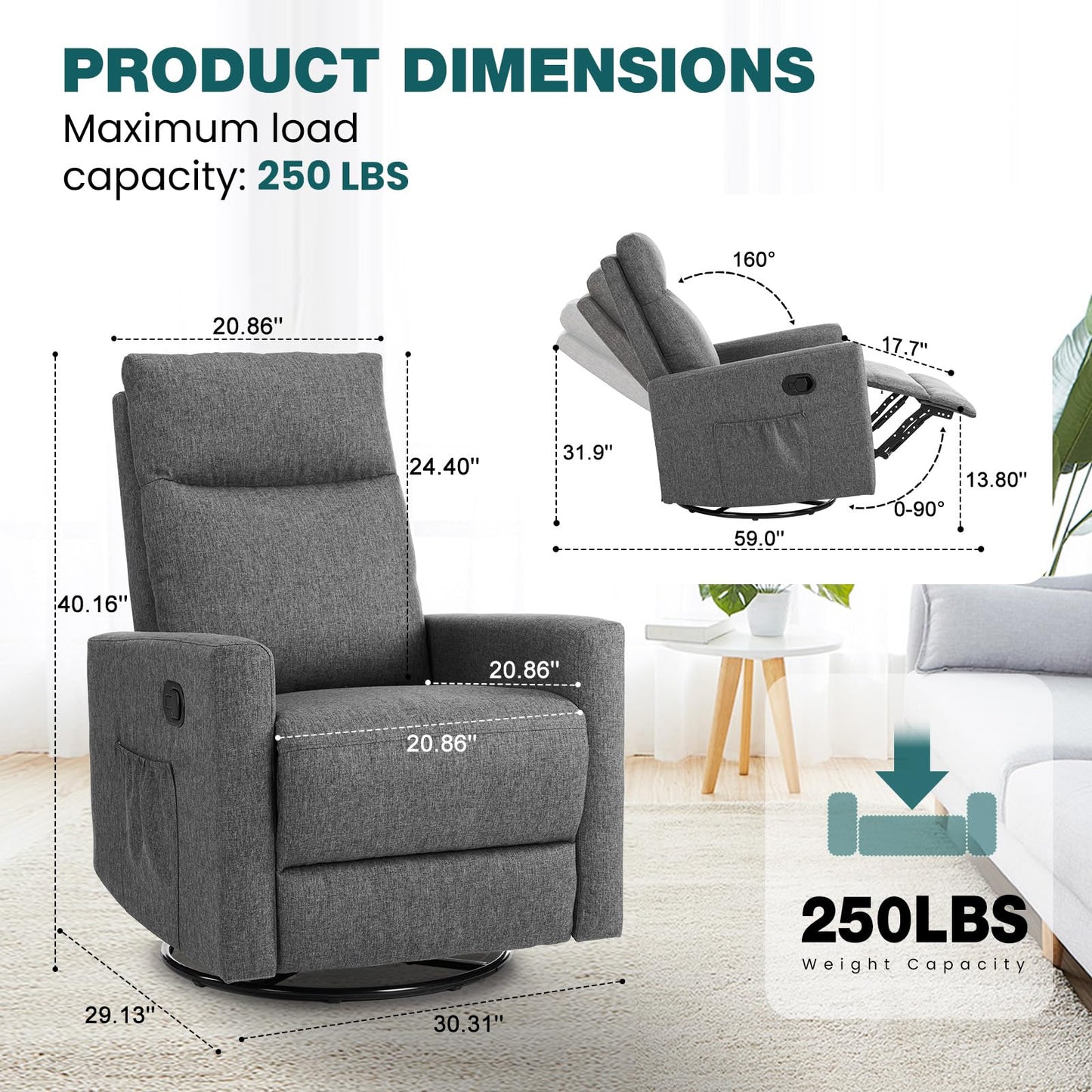 SMUG Swivel Rocking Recliner Chair with Extra Large Footrest High Back, Upholstered Glider Nursery Chair for Living Room, Bedroom & Nursery, Comfortable Deep Seat for Relaxation, Grey
