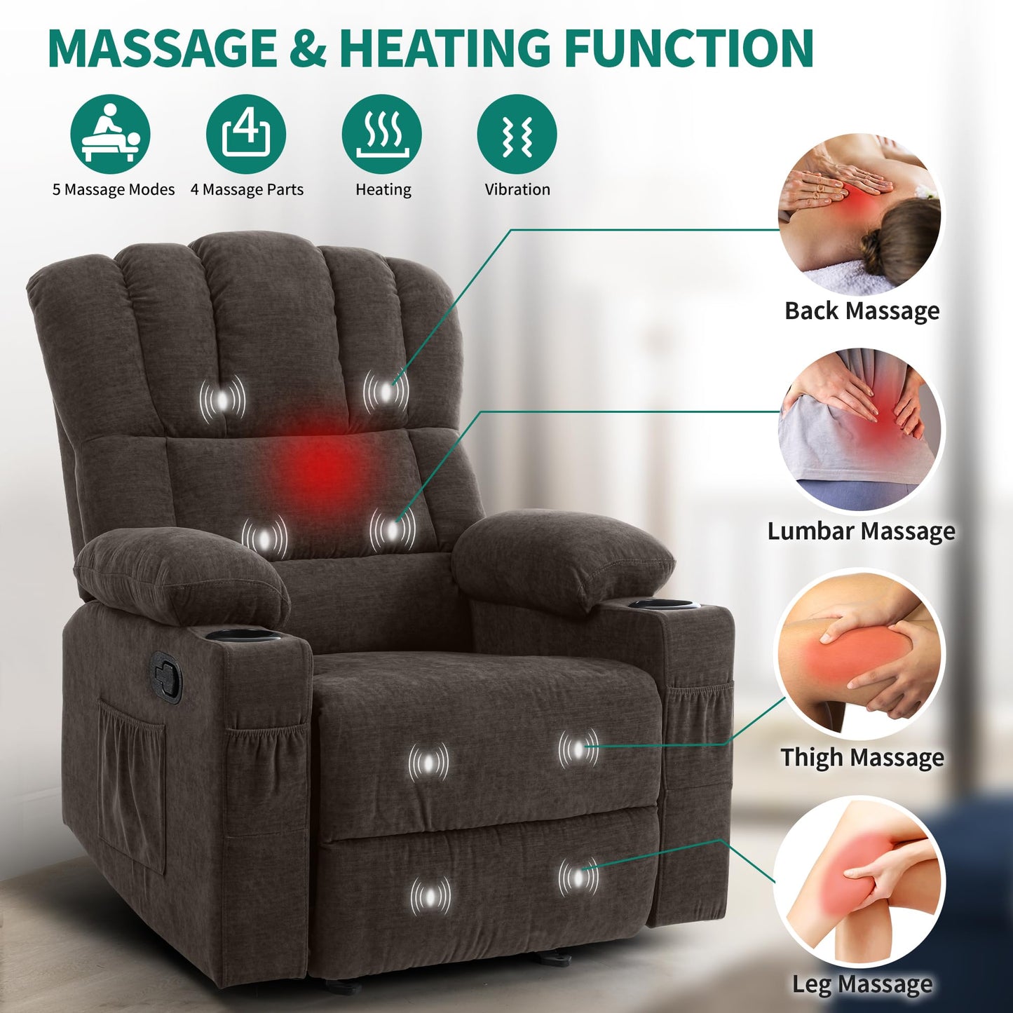 YITAHOME Glider Rocker Recliner Chair with Massage & Heat, 160° Manual Rocking Recliner Chair with USB Ports, Cup Holders & Side Pockets, Fabric Reclining for Elderly, Brown