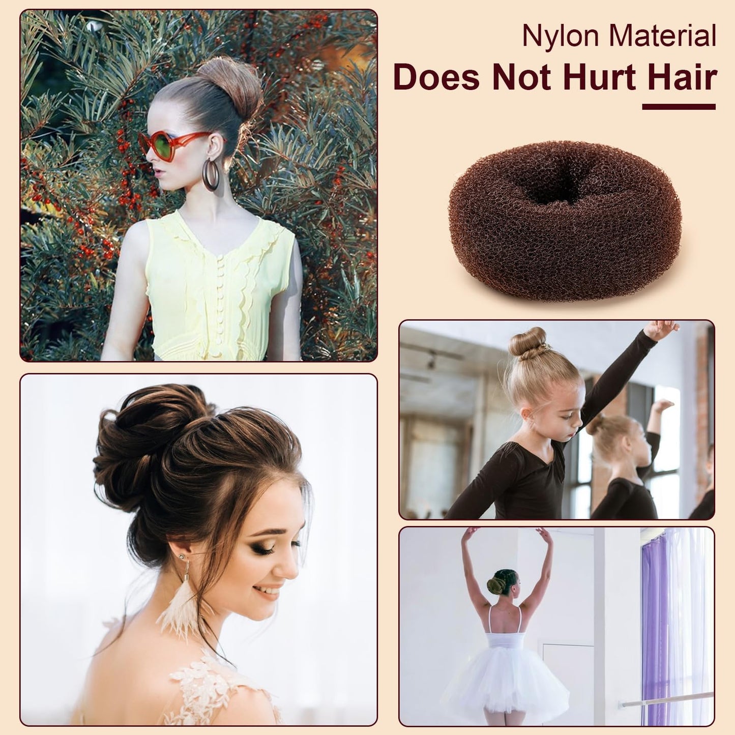 Amrules Donut Hair Bun Maker Set, 8 Pieces with 10 Black Rubber Bands and 20 Bun Bobby Pins for Ladies, Brown