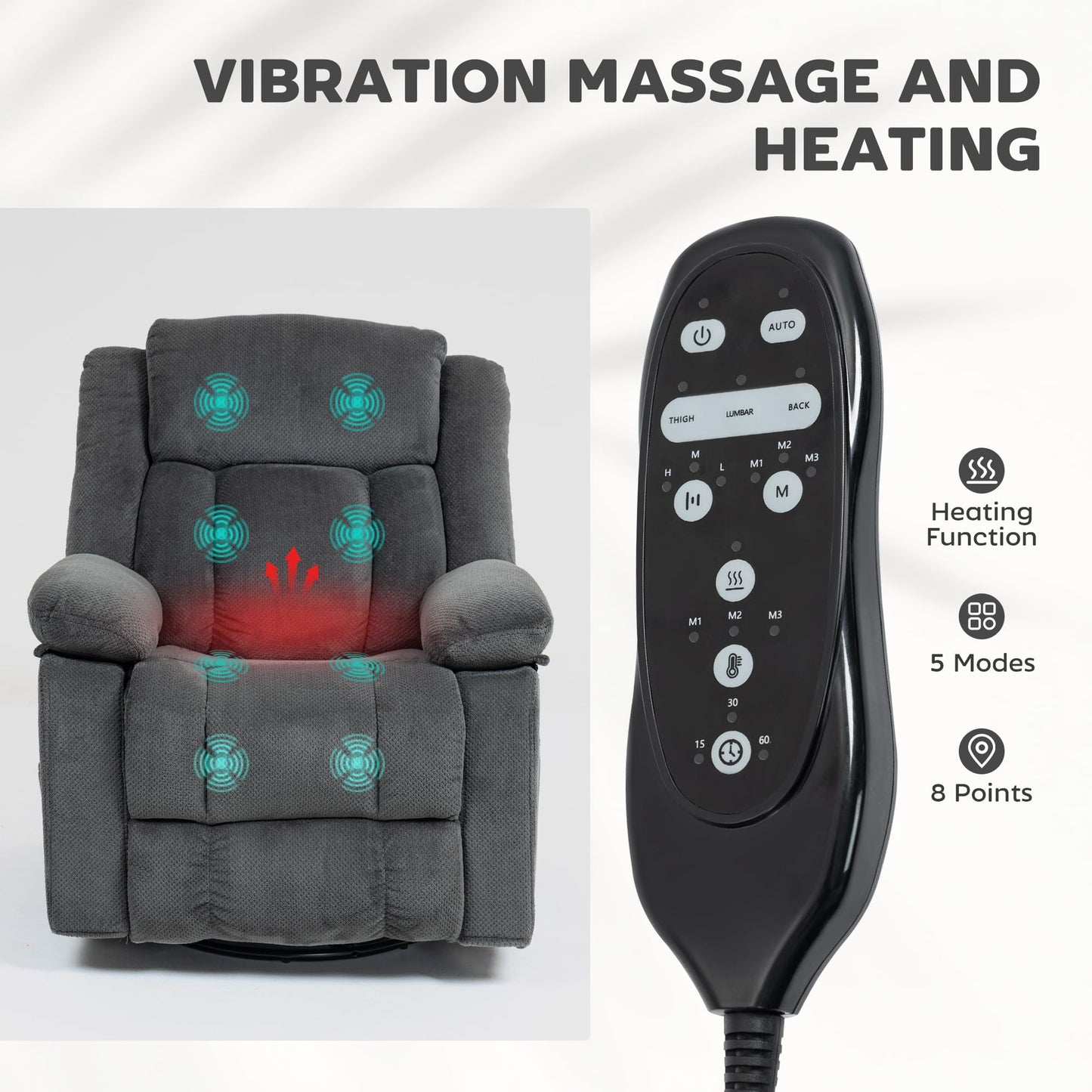 HOMCOM Recliner Chair with Vibration Massage and Heat, Oversized Swivel Rocker Single Sofa with Footrest, Remote and Side Pockets, Velvet Fabric Manual Reclining Chair for Living Room, Gray