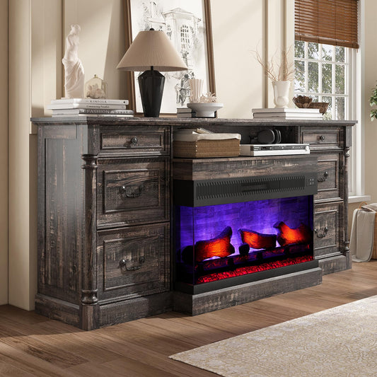 AMERLIFE 75" Fireplace TV Stand, Large TV Stand with 36" Fireplace, Farmhouse Entertainment Center with Solid Wood Roman Column, 2 Drawers & Cabinets Storage, for TVs up to 85", Dark Rustic Oak