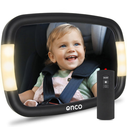 Onco Baby Car Mirror Rear Facing - Double Award-Winning Convex Car Mirror for Baby, 100% Shatterproof & Shakeproof with 360° Rotation, Newborn Essentials (9.6 x 6.9 in)