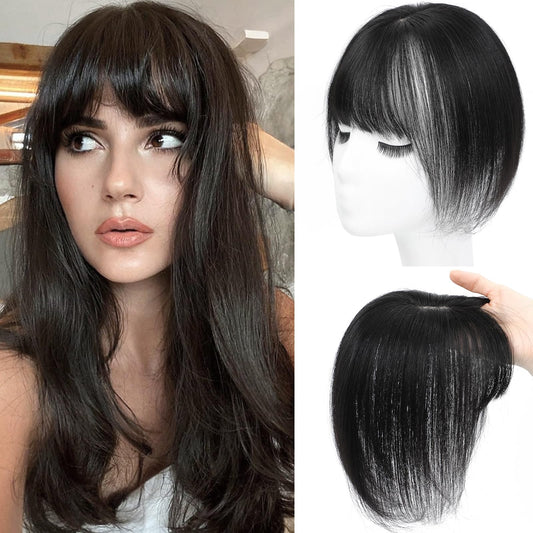 Amchoice Hair Toppers for Women Real Human Hair, Bangs Hair Clip 360° 3D Cover Human Hair Topper with Bangs, Human Hair Toppers for Women Daily (Natural Black, 3D Wispy Bangs (5 * 9))