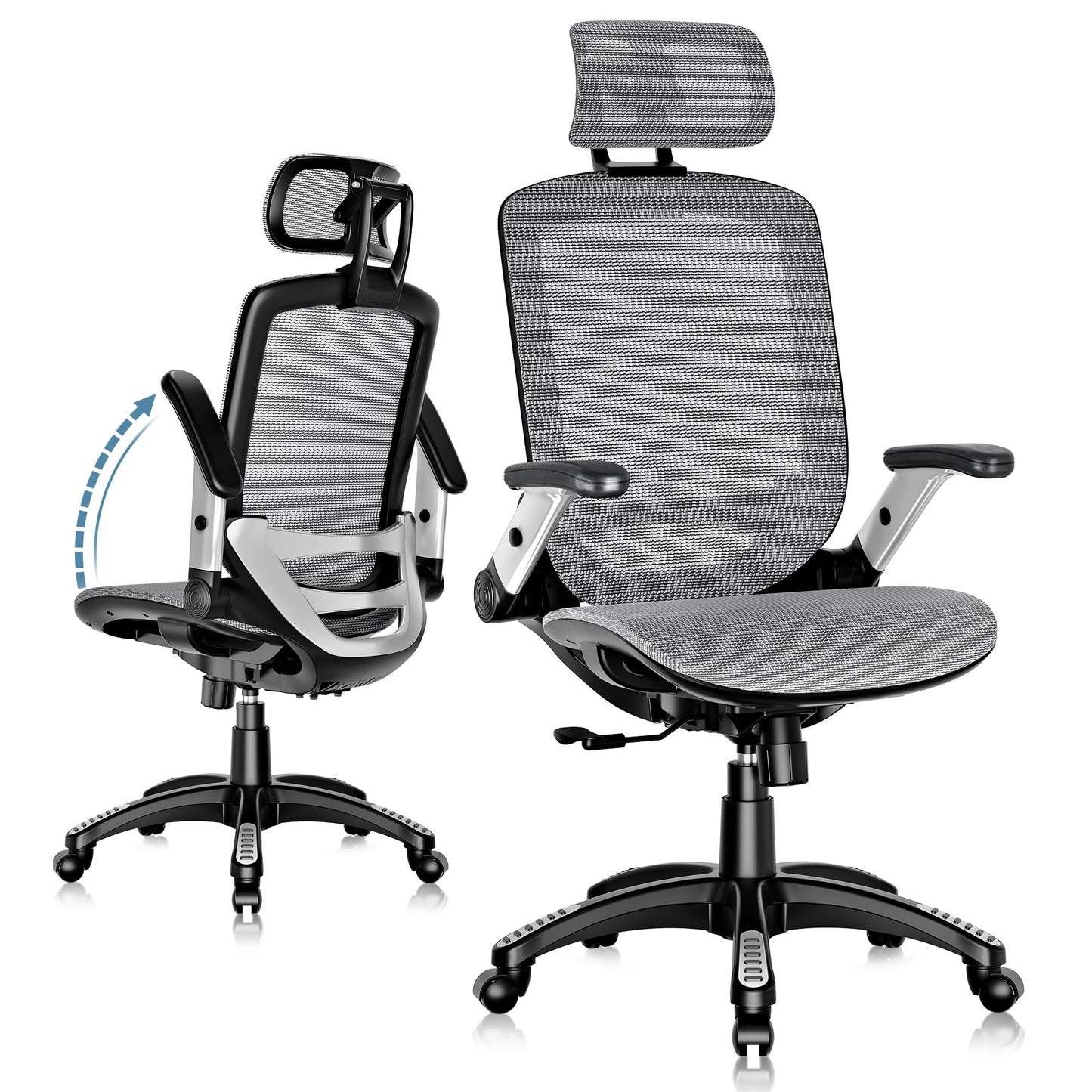 GABRYLLY Ergonomic Office Chair, High Back Home Desk Chair with Headrest, Flip-Up Arms, 90-120° Tilt Lock and Wide Cushion, Big and Tall Mesh Chairs for Man Woman, Grey Task Chair