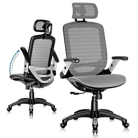 GABRYLLY Ergonomic Office Chair, High Back Home Desk Chair with Headrest, Flip-Up Arms, 90-120° Tilt Lock and Wide Cushion, Big and Tall Mesh Chairs for Man Woman, Grey Task Chair