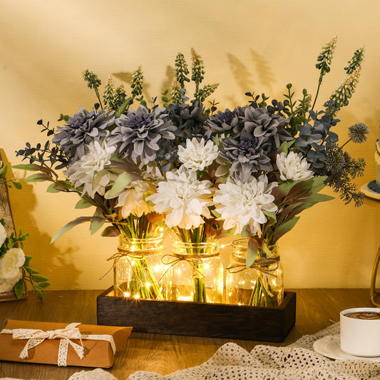 Baderke 3 Pcs Mason Jar Centerpiece Table Decorations, Fake Flowers Artificial Blue Flowers, Rustic Spring Centerpieces Decor with Wood Tray and Light, Table Decorations for Home Kitchen Living Room