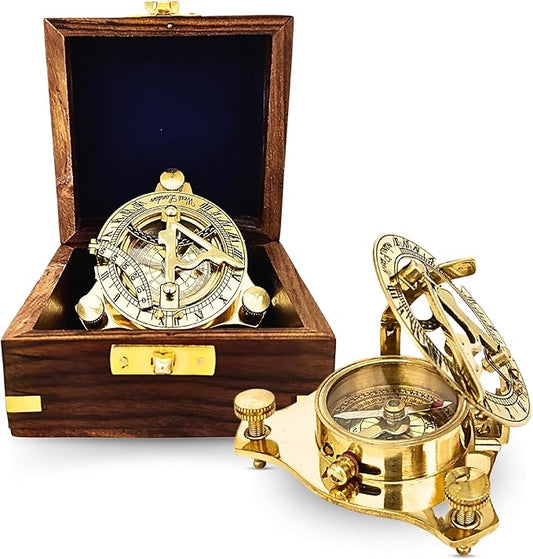 Antique Brass & Copper Sundial Compass, Sundial Clock in Box Gift Sun Clock Ship Replica Watch, Nautical Gifts for Men, Unique Nautical Decor, Naval Maritime Sundial (#3 Golden Sundial)