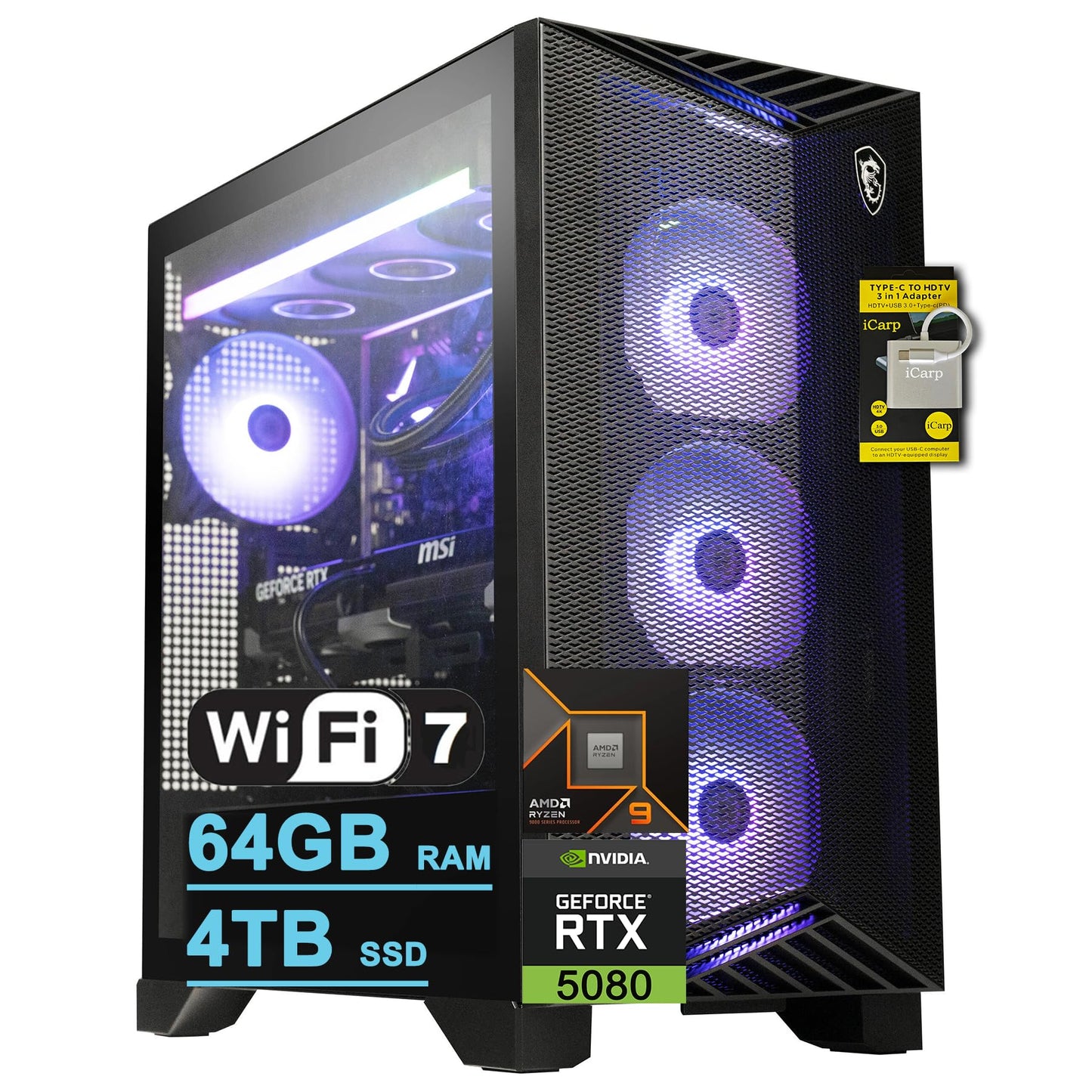 MSI Aegis ZS2 Gaming Desktop AMD 12-core Zen 5 Ryzen 9 9900X 64GB RAM 4TB SSD GeForce RTX 5080 DLSS 4 360mm Liquid Cooler 850W 80+ Gold PSU Support HDD Win11 w/ICP Hub