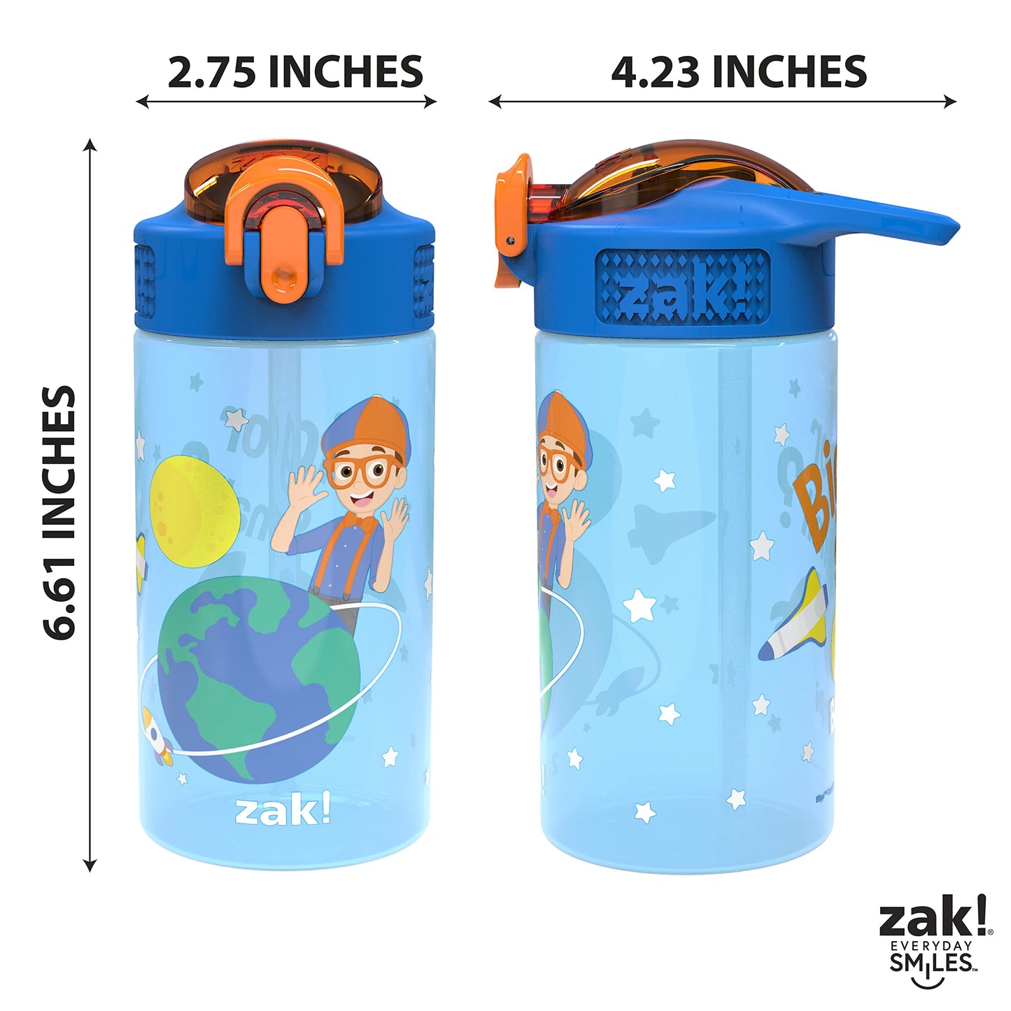 Zak Designs Blippi Kids Water Bottle with Spout Cover and Built-In Carrying Loop, Made of Durable Plastic, Leak-Proof Design for Travel (16 oz, Pack of 2)