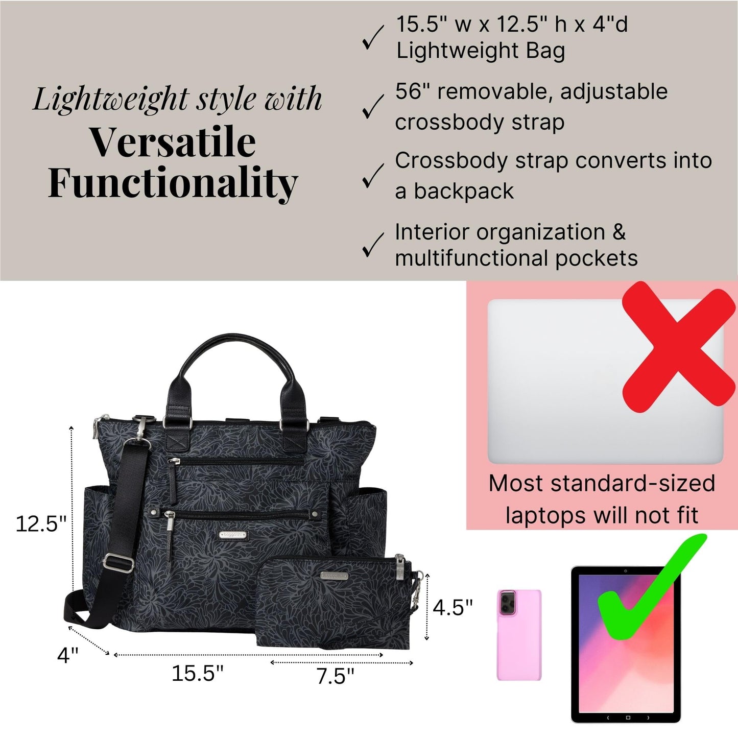 Baggallini 3-in-1 Convertible Backpack with RFID Phone Wristlet Midnight Blossom One Size
