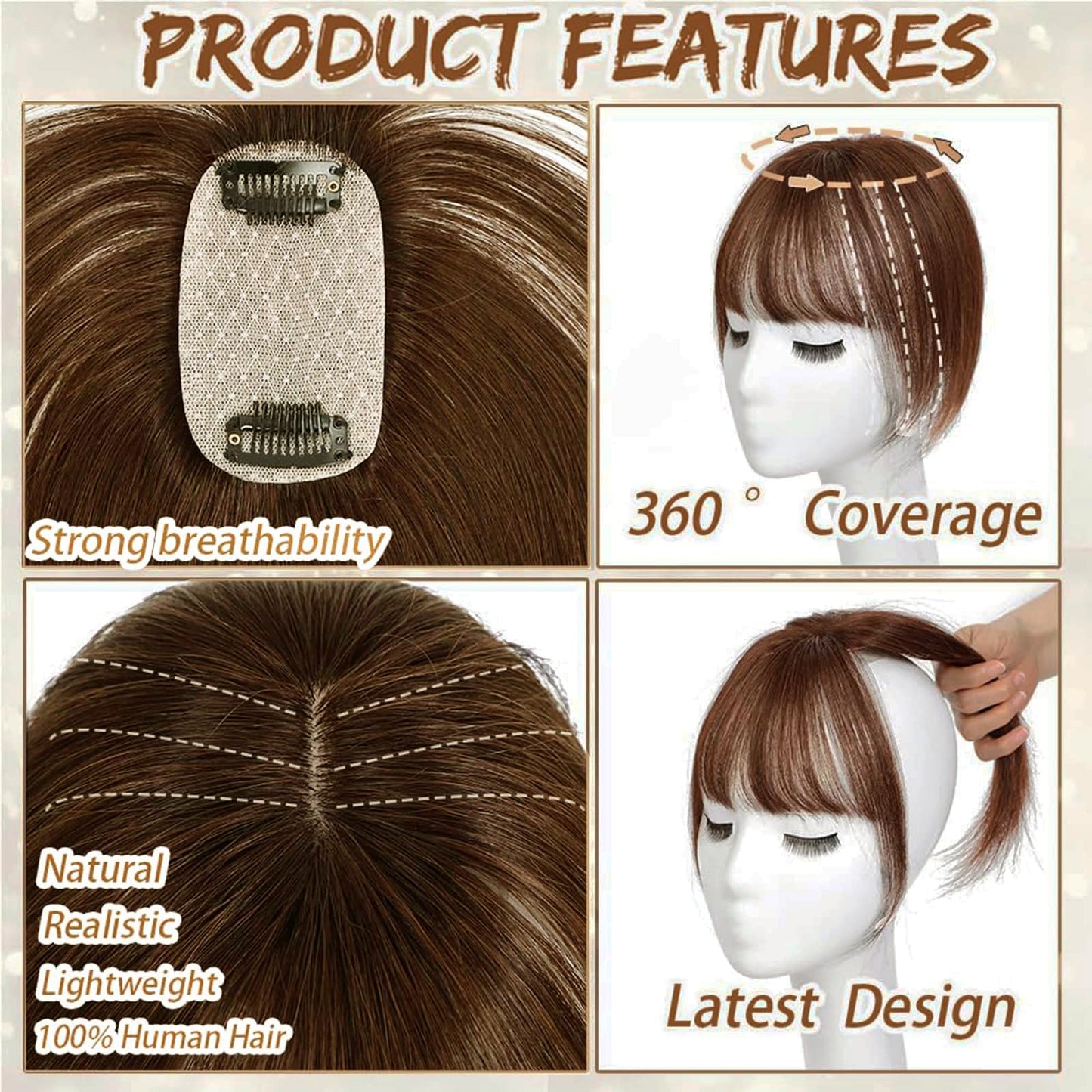 Amchoice Hair Toppers for Women Real Human Hair, Bangs Hair Clip 360° 3D Cover Human Hair Topper with Bangs, Human Hair Toppers for Women Daily (Light Brown, 3D French Bangs (5 * 9))