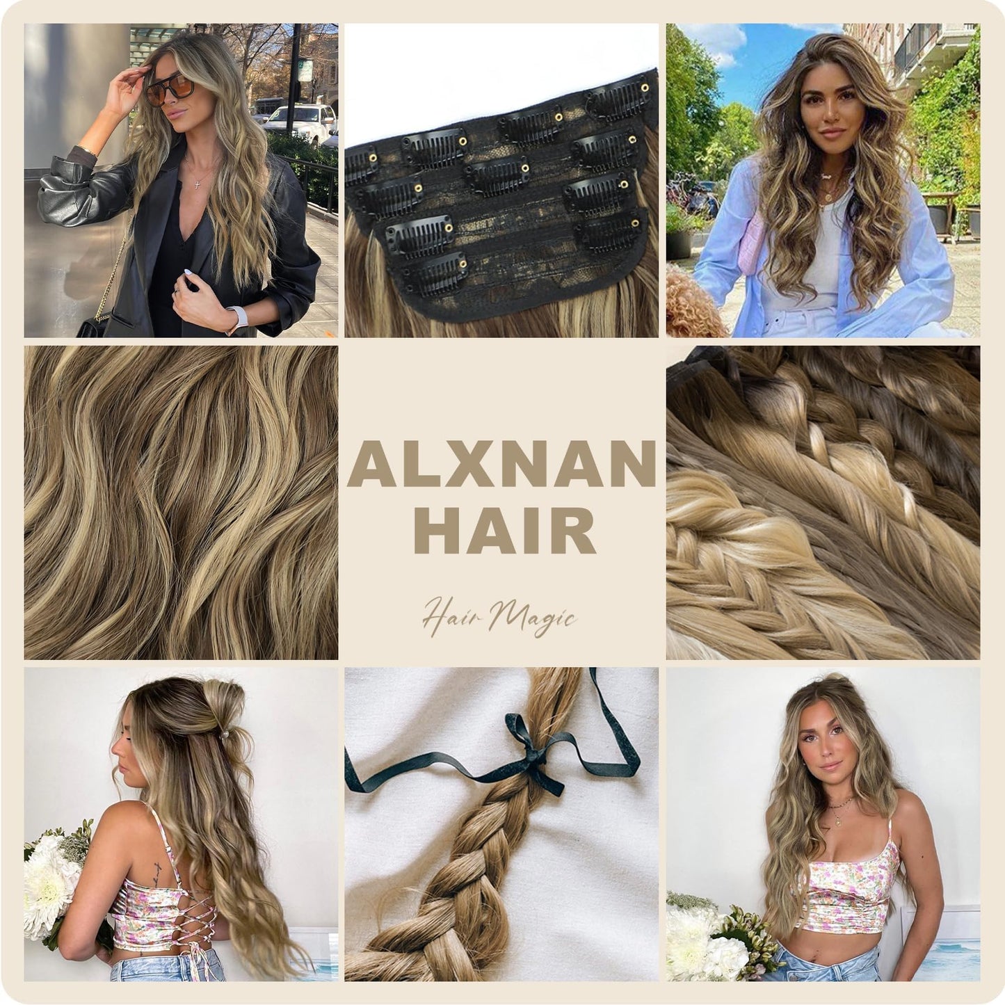 ALXNAN Clip in Long Wavy Synthetic Hair Extension 4PCS Thick Hairpieces Fiber Double Weft Hair for Women … (20 Inch, Mixed Brown & Blonde)