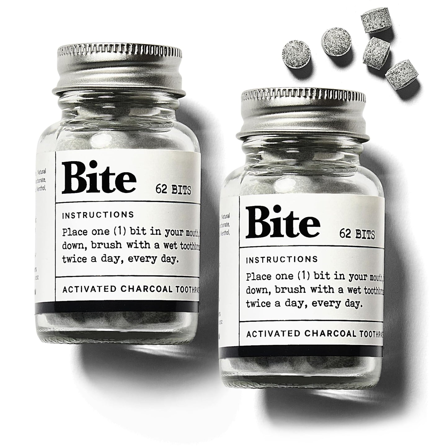 Bite Whitening Toothpaste Tablets – Nano Hydroxyapatite & Xylitol (Mint) | Sensitive Teeth Friendly | No Fluoride, Vegan, Cruelty-Free | Travel-Size | 2 Bottles (124 Bits) | Made in USA