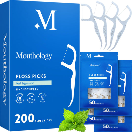 Mouthology Biodegradable Floss Picks (200 Pack), Wheat Straw Dental Floss Picks, Mint Flavored Flossers Biodegradable, Dental Floss PFA Free, Compostable Tooth Flossers for Adults & Kids Floss