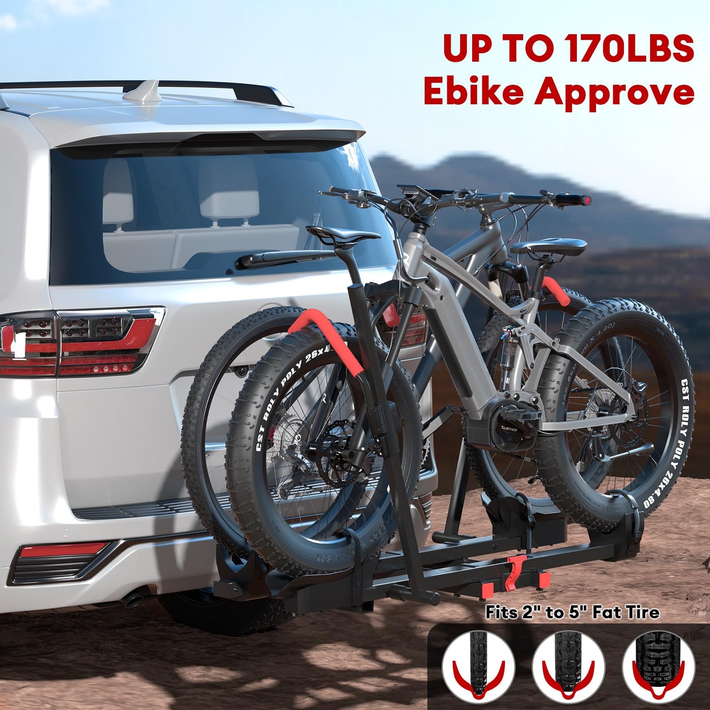 RoamEase Hitch 2 EBike Rack with Ramp, 170lbs Capacity Electric Bike Carrier Foldable for 2 Heavy Ebike, Up to 5-inch Fat Tire Bicycle, 2" Receiver for Car, SUV, RV, Truck, Black