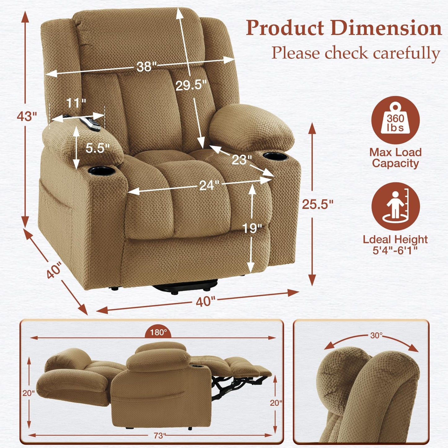 Neioml 2 Set Triple Motor Large-Wide Power Lift Recliner Chair for Elderly Big and Tall, Lay Flat, Heat and Massage, Infinite Position, Power Headrest,Plush Flannel, Set of 2 - (Beige)