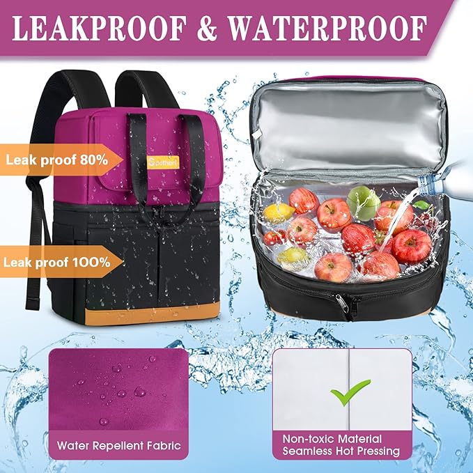 Backpack Cooler with Double Decker & 12 Ice Packs- Keeps 36 Cans Cold for Up to 24 Hours- Waterproof & Leak Proof Insulated Cooler Backpack- Stylish Cooler Bookbag for Women Travel Work Beach