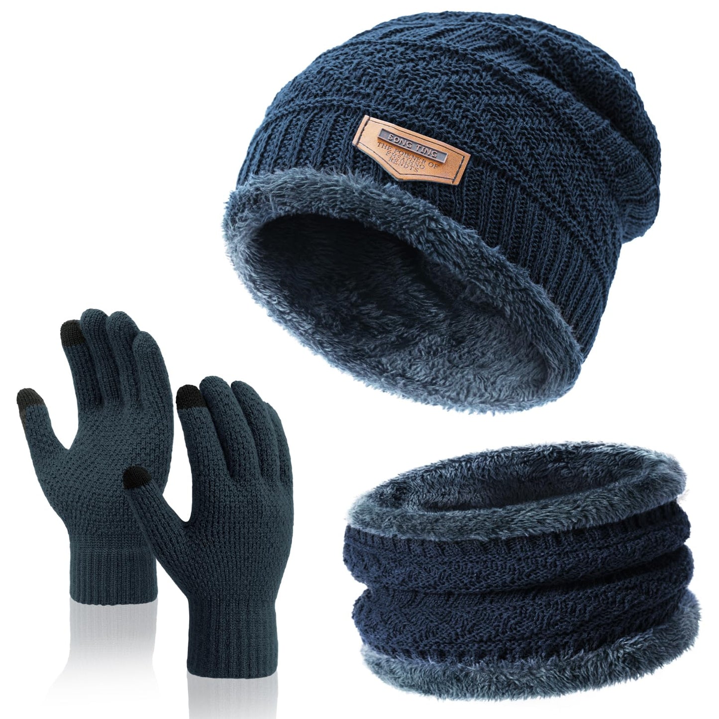 Winter Beanie Hat Circle Scarves Touchscreen Gloves Set, Warm Thick Fleece Lined Skull Cap Gloves Neck Warmer for Women Men, Navy Blue