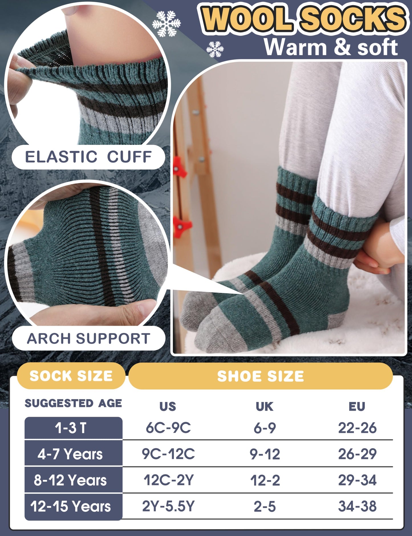 Anlisim Kids Merino Wool Hiking Socks Boys Girls Toddlers Thermal Winter Warm Boot Thick Cushion Snow Ski Gift Stocking Stuffer Socks 6 Pairs (Stripe, 12-15 Y)