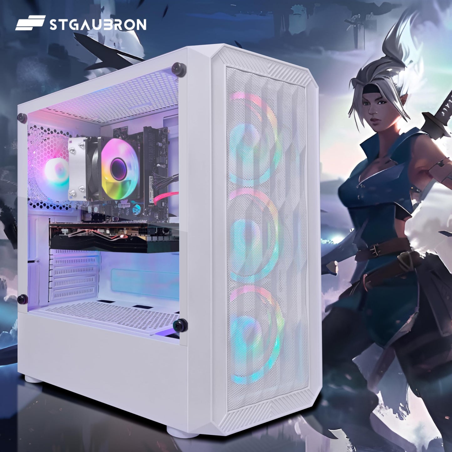 STGAubron Gaming PC Computer Desktop, AMD Athlon 3000G 3.5G, Radeon RX 580 8G GDDR5, 16G DDR4 Memory, 1T SSD, 600M WiFi, BT 5.0, RGB Fan x 4, RGB Mouse Pad, Windows 11 Home,White