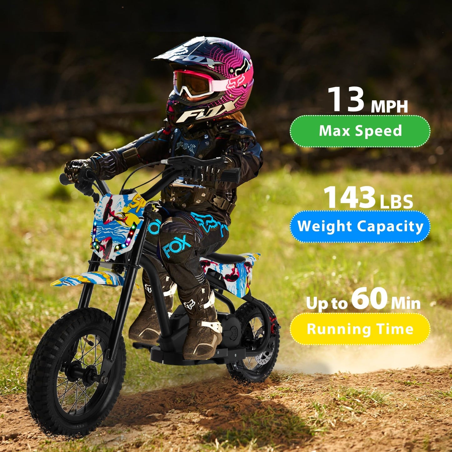 TOBBI Kids Dirt Bike 24V Electric Toddler Motorcycle w/3-Speed Modes, Max Weight 143LBS, Up to 13MPH Off-Road Motor Bike for Children with Dual Brakes, LED Power Display