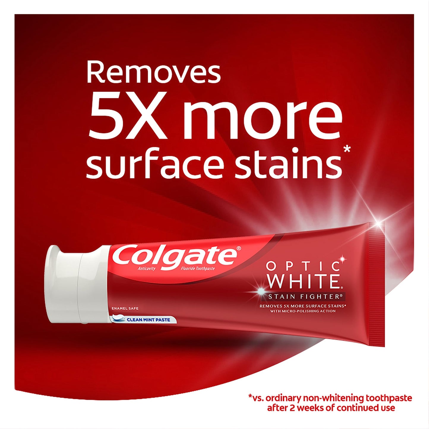 Colgate Optic White Stain Fighter Whitening Toothpaste, Clean Mint Flavor, Safely Removes Surface & Cavity Protection Regular Fluoride Toothpaste, White, 6 oz