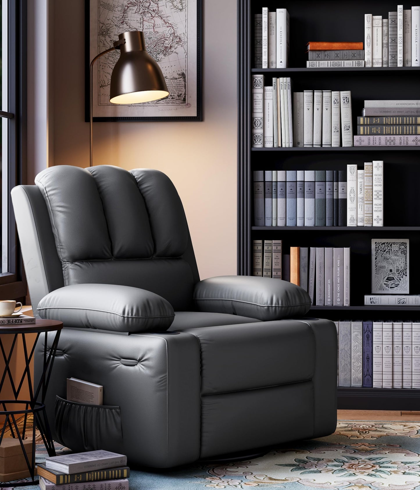 Garvee 22'' Recliner Chair for Adults, Manual Recliner with 1.5X Sponge Filling, PU Leather Single Sofa with Cup Holders and Side Pockets, for Nursery, Living Room, Bedroom, Light Grey