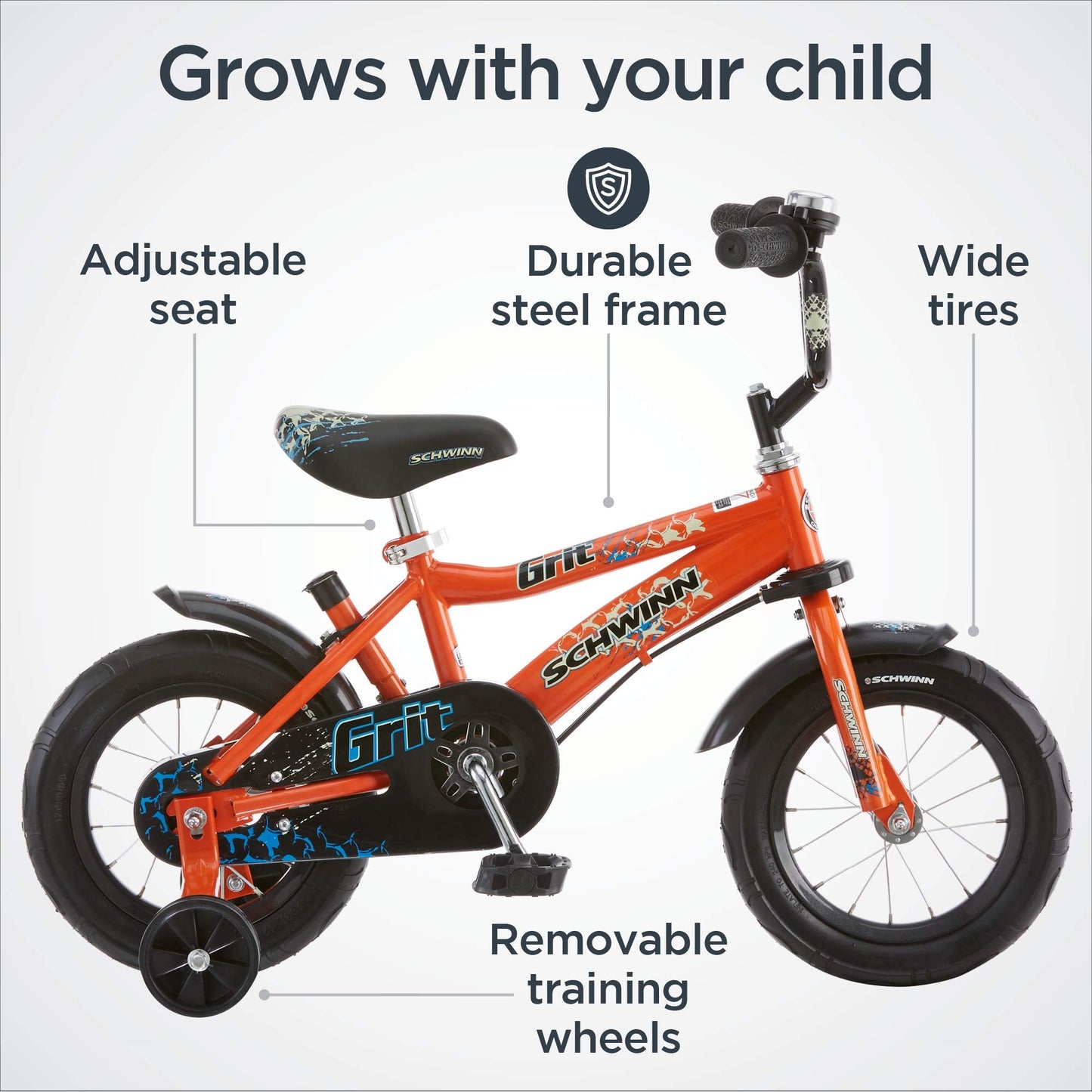 Schwinn Grit Push Steer and Ride Kids Bike, Boys Beginner Bicycle, 12-Inch Wheels, with Training Wheels, Parent Push Handle, Water Bottle and Holder, Orange/Black
