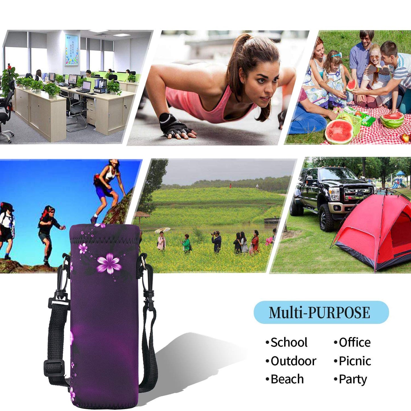 RICHEN Neoprene Water Bottle Carrier Bag with Adjustable Shoulder Strap,Insulated Water Bottle Cover for 500ml/16oz Stainless Steel/Glass/Plastic Bottles (Purple Flowers,500ML)