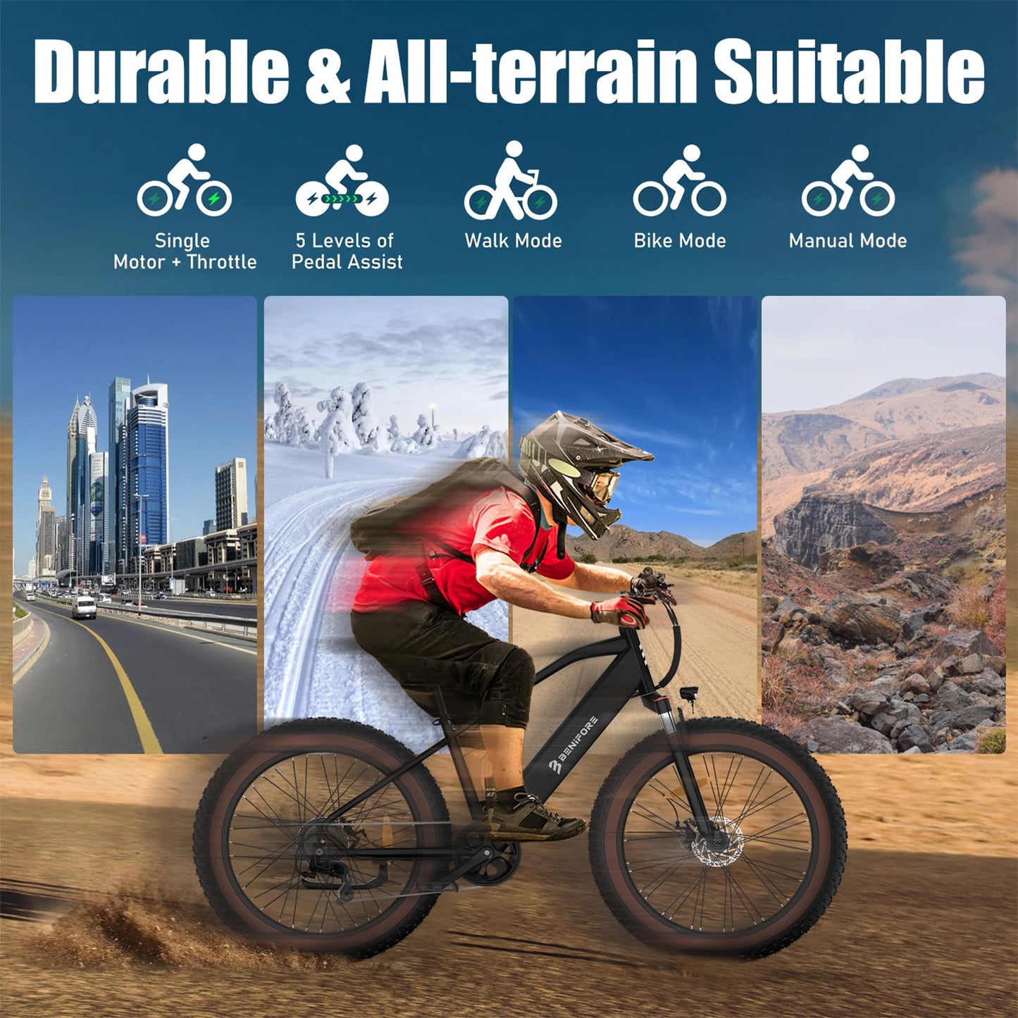BENIFORE C26 Electric Bike for Adults 1400W Peak, 28MPH 72 Miles 48V 720Wh Removable Battery Electric Mountain Bike, 26"*3.0" Fat Tire Mountain Ebikes with Hydraulic Suspension, UL Certified