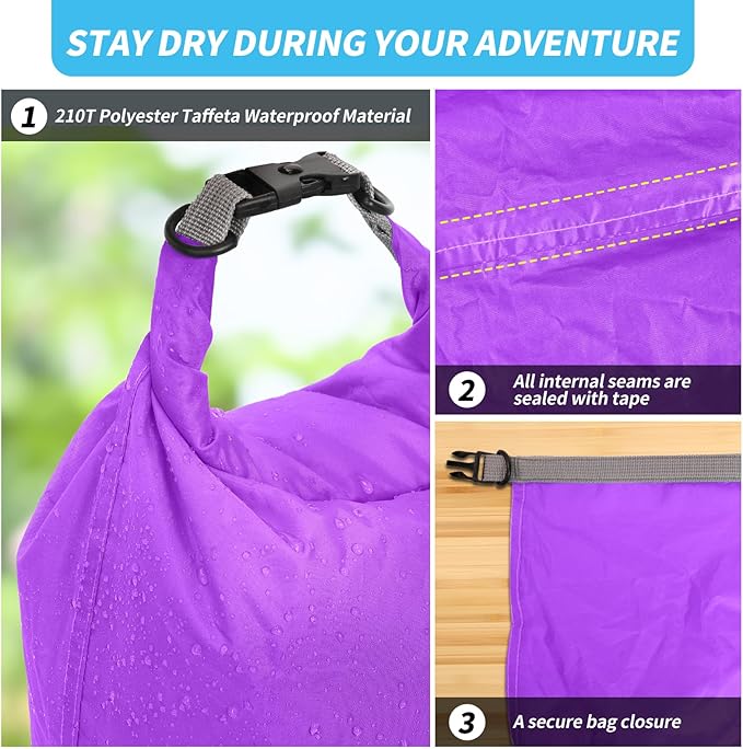 Dry Bag Set, Waterproof Small Lightweight Dry Bags for Paddle Board Kayaking, Fishing, Camping (Purple, 2L+5L+10L)