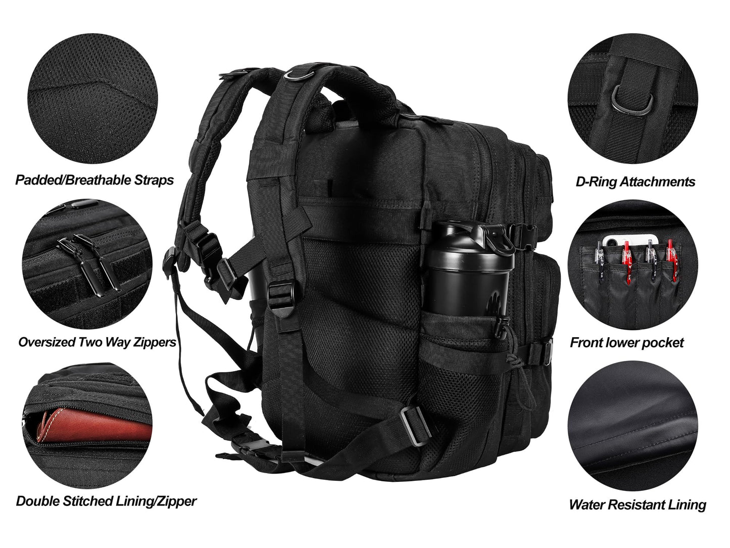 LHI Tactical Military Backpack for Men and Women 35L Army Assault Pack Bag Large Rucksack with Molle System - Black