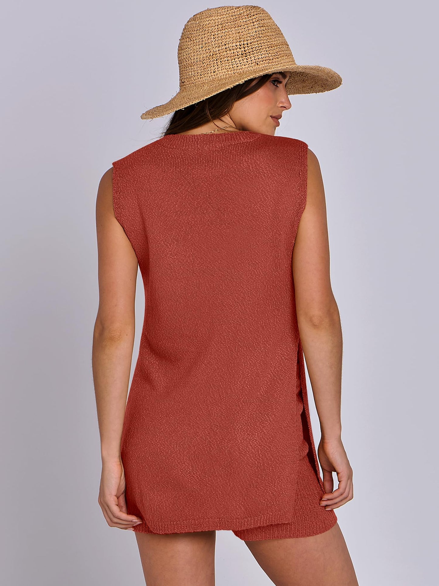 ANRABESS Women Summer 2 Piece Outfits Sleeveless Knit Sweater Top & Shorts Soft Lounge Sets Travel Beach 2024 Clothes Rust Large