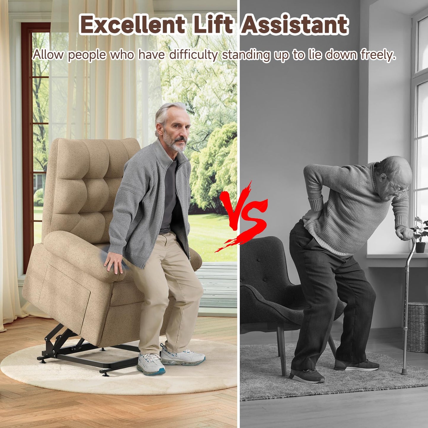 Welzona Power Lift Recliner Chair for Elderly, Triple Motor Lift Chair with Infinite Position, Electric Stand Assist for Seniors, Single Sofa with Side Pockets for Living Room, Beige-Brown