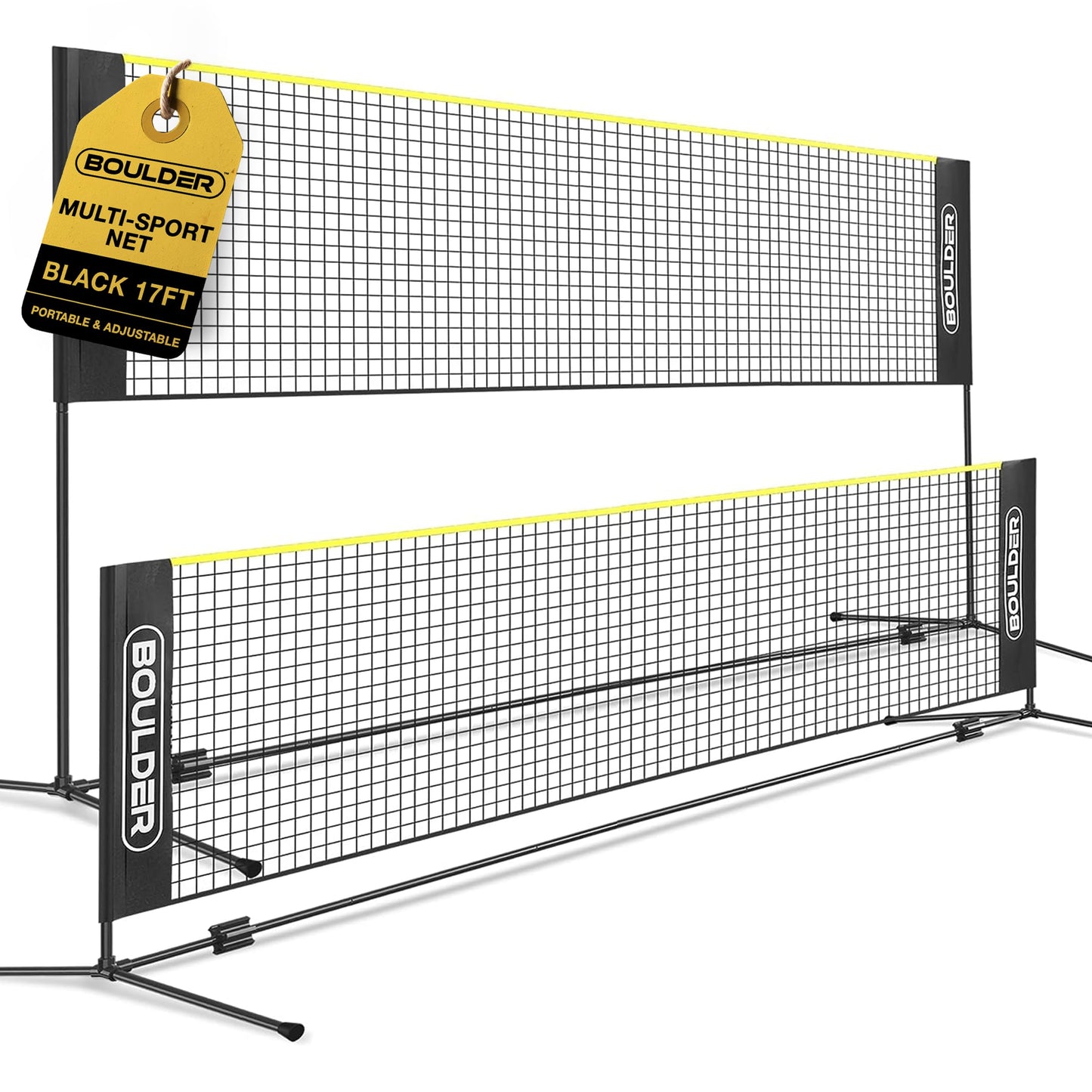 Boulder Badminton Pickleball Net - Height Adjustable Portable Net for Junior Tennis, Kids Volleyball & Soccer, and Backyard Games - Easy Setup Nylon Sports Net with Poles 10 ft/14ft/17ft Wide