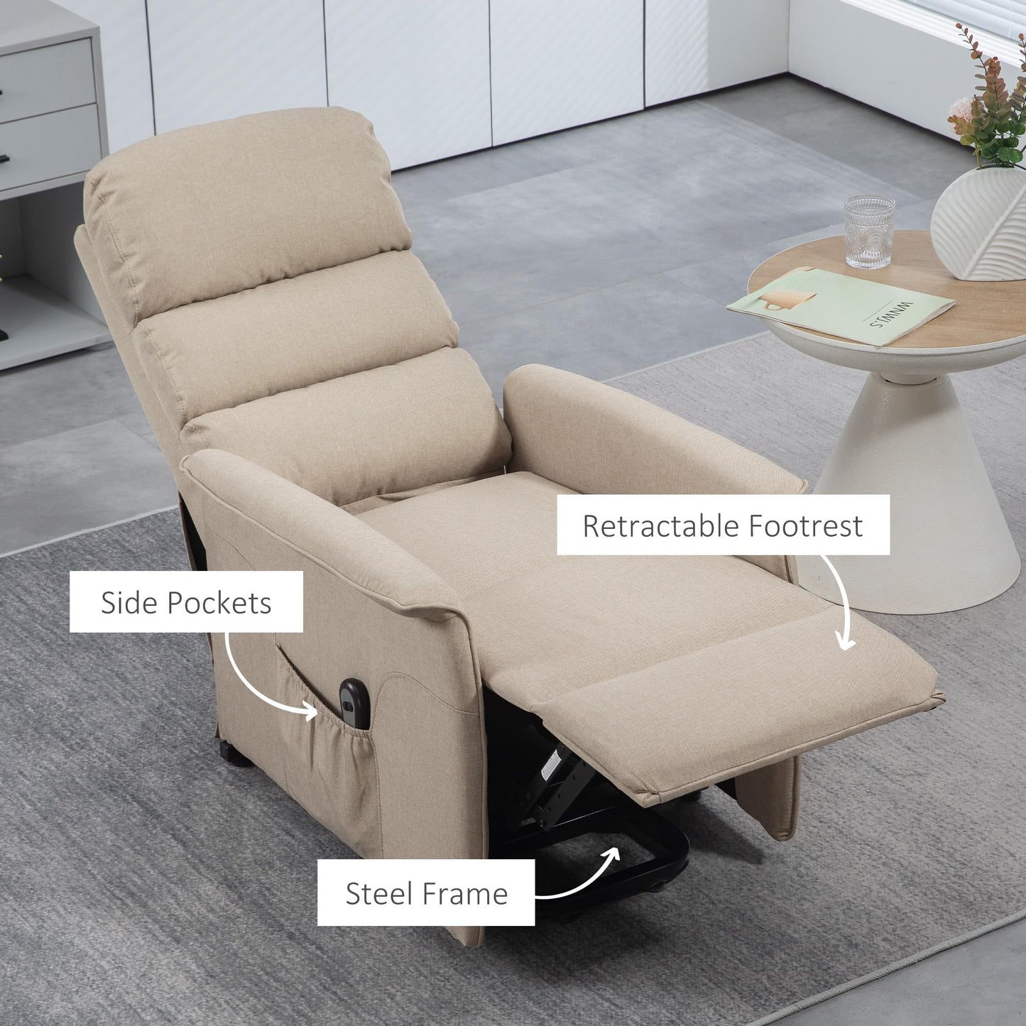 HOMCOM Power Lift Recliner Chair for Elderly, Easy Assembly, Fabric Lift Chair for Adults, Recliner Sofa with Remote Control, Side Pockets for Living Room, Beige