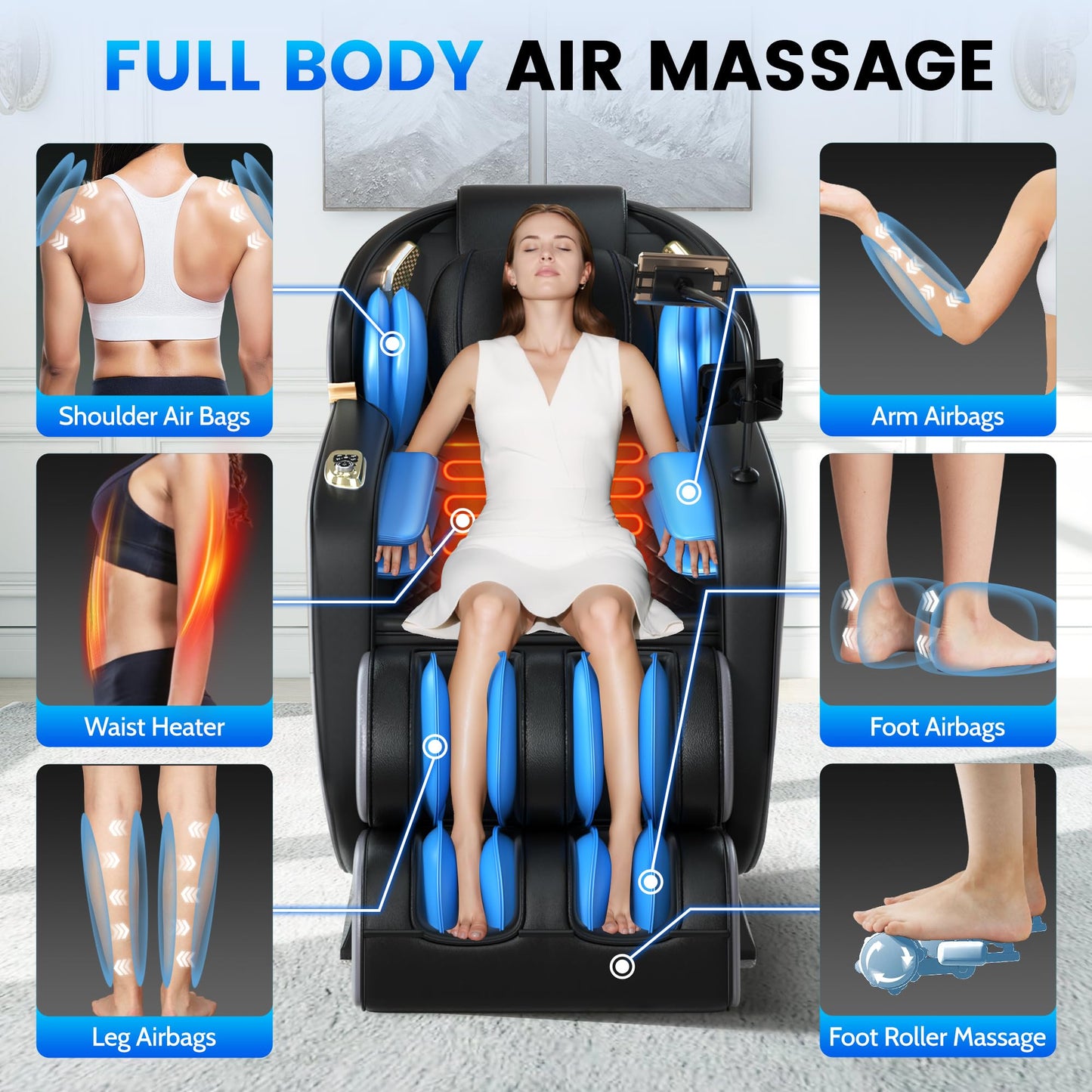 Massage Chair Full Body, 160° Zero Gravity Recliner with 57'' SL Track, Shiatsu Neck Shoulder Massager with Heating, Fix Point Massager, Airbag Massage, Foot Rollers, Bluetooth, Phone Holder, Black