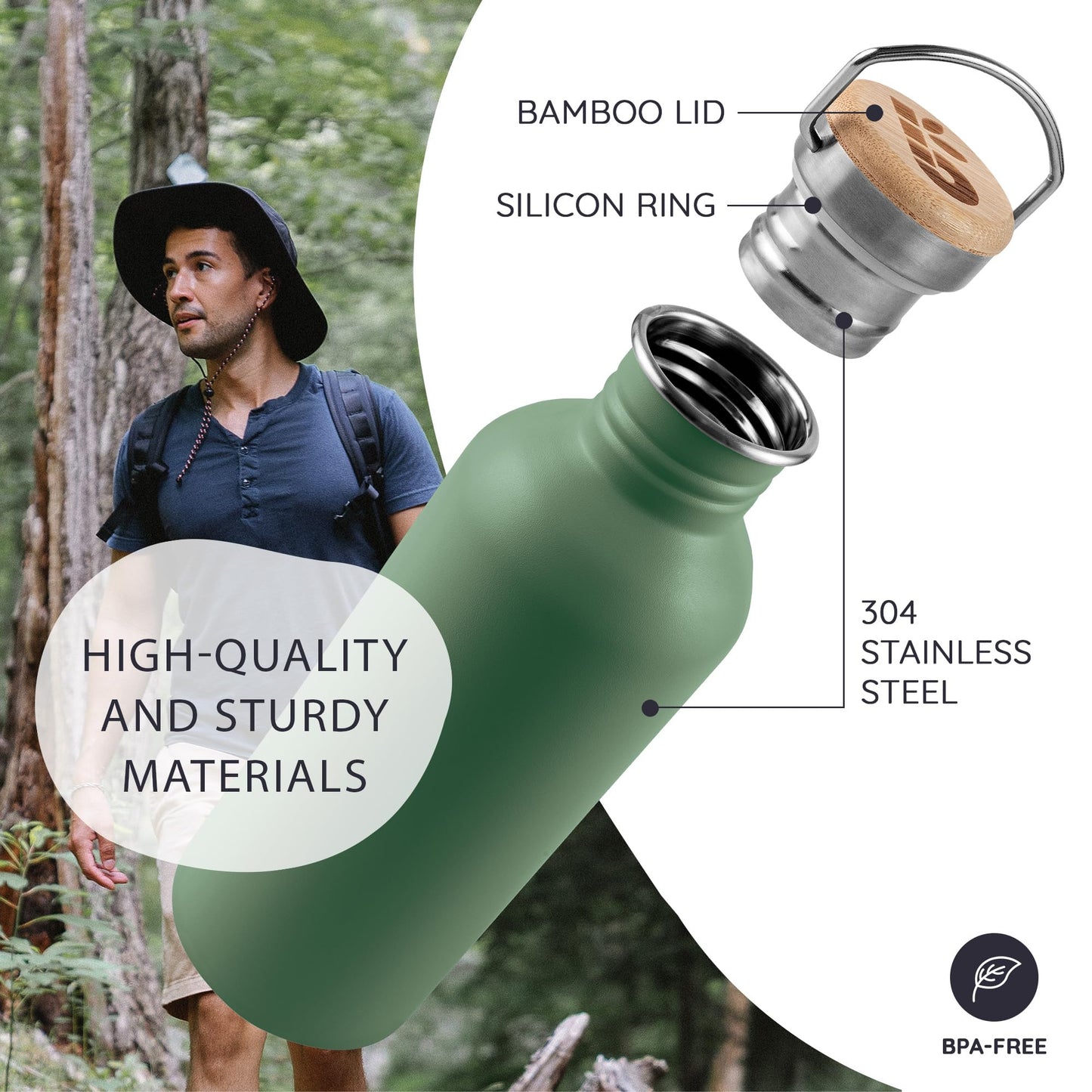 Bambaw Reusable Water Bottle 16 oz, Green Water Bottle Metal, Non-insulated Single Wall Stainless Steel Bottle, BPA Free Water Bottle Small, Metal Water Bottle for School – Sage Green