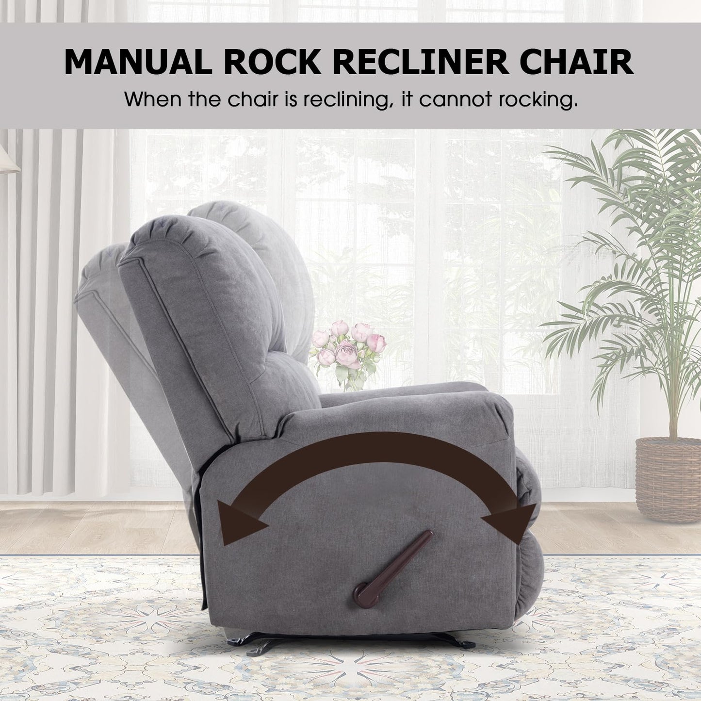 CANMOV Rocker Recliner Chair for Adults,Manual Recliner Chair with Overstuffed Backrest and Armrests, Soft Fabric Manual Rocking Reclining Sofa for Living Room,Grey