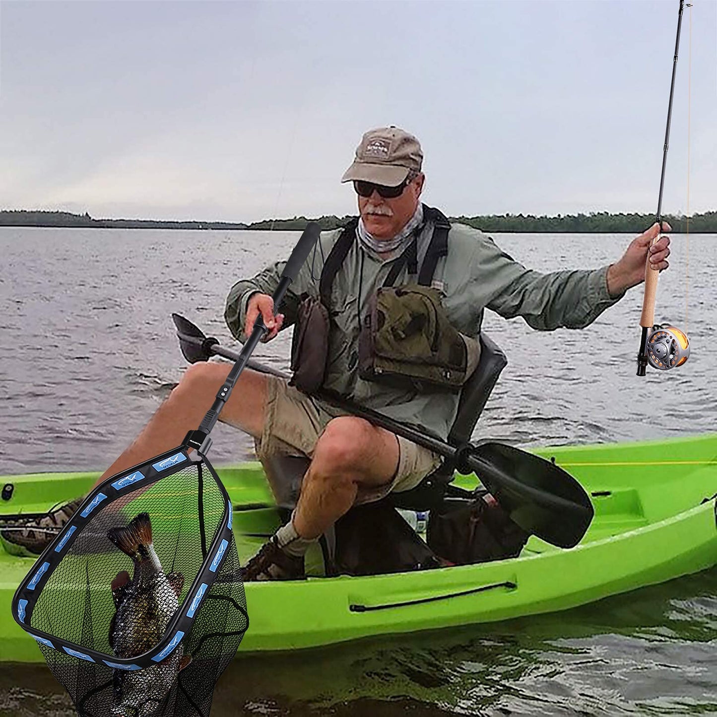 PLUSINNO Floating Fishing Net for Steelhead, Salmon, Fly, Kayak, Catfish, Bass, Trout Fishing, Rubber Coated Landing Net for Easy (19.7"/50cm Hoop Size Length 1.35M Blue (Telescopic Pole))