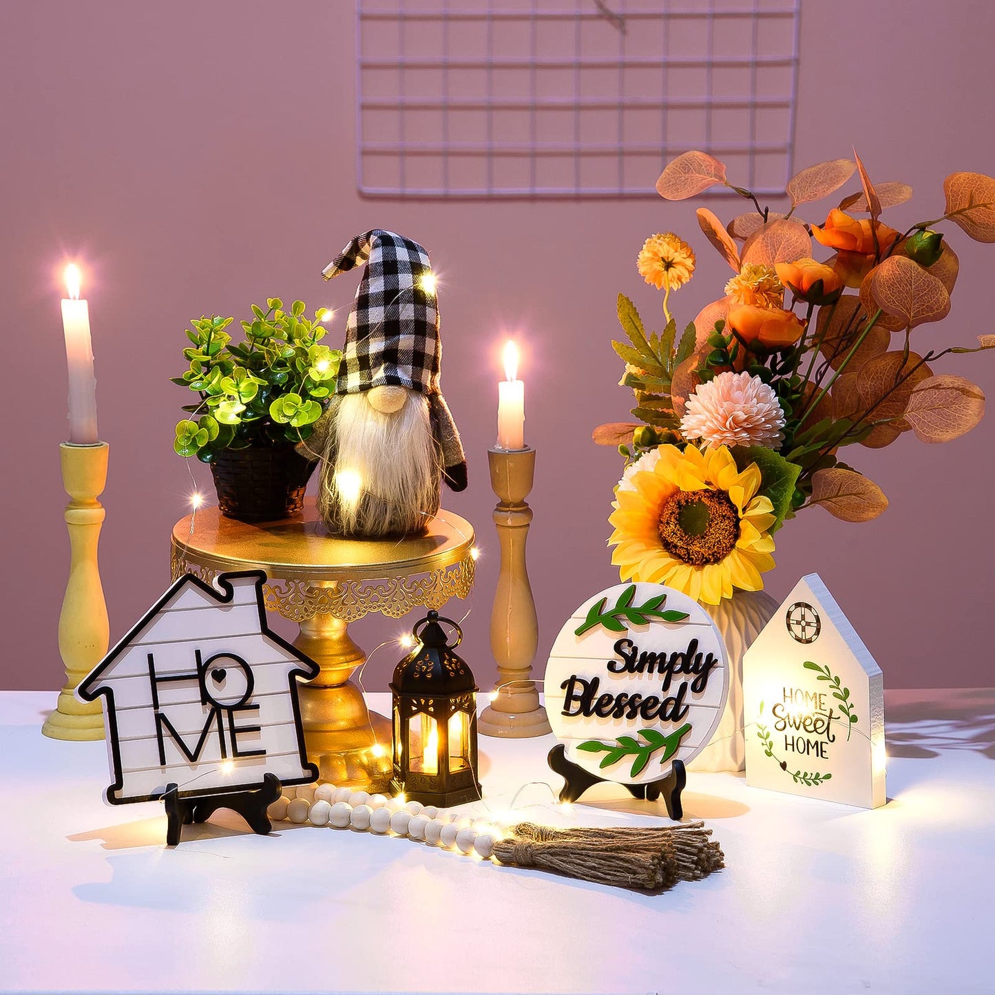 10 Pcs Farmhouse Tiered Tray Decor Rustic Wooden Home Decor Wood Bead Garland Sweet Wooden Sign with Artificial Succulents Plants Mini Candle Lantern for Farmhouse Home Kitchen(Tray Not Included)