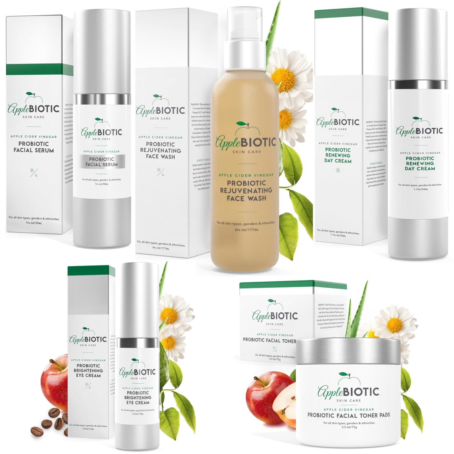 AppleBiotic Skincare Bundle - Face Wash, Toner Pads, Face Serum, Eye Cream, Day Cream