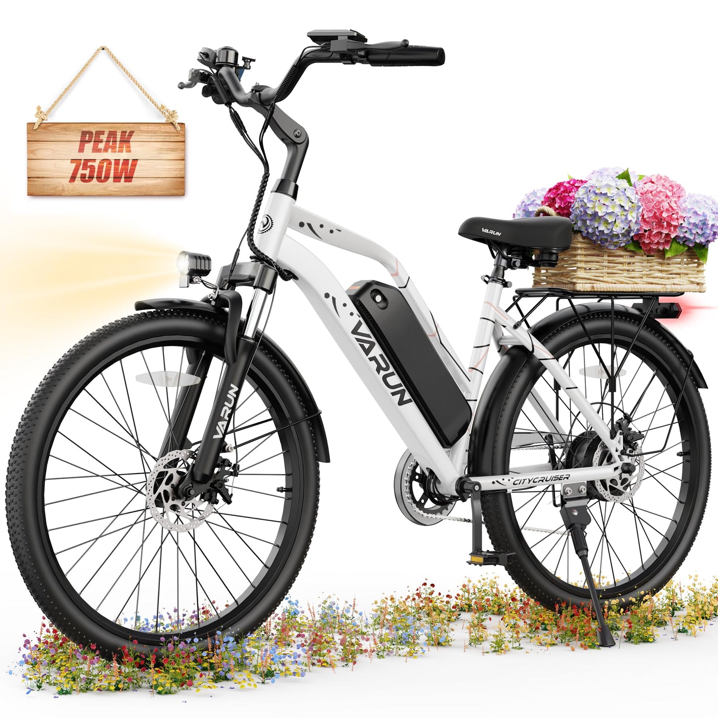 VARUN Electric Bike - 500W Electric Bicycle Up to 40Miles, 48V Removable Lithium Battery, Shock Absorber, 7-Speed and Dual Disc Brakes,Stylish 26" Cruiser E-Bike Suitable for Commuting