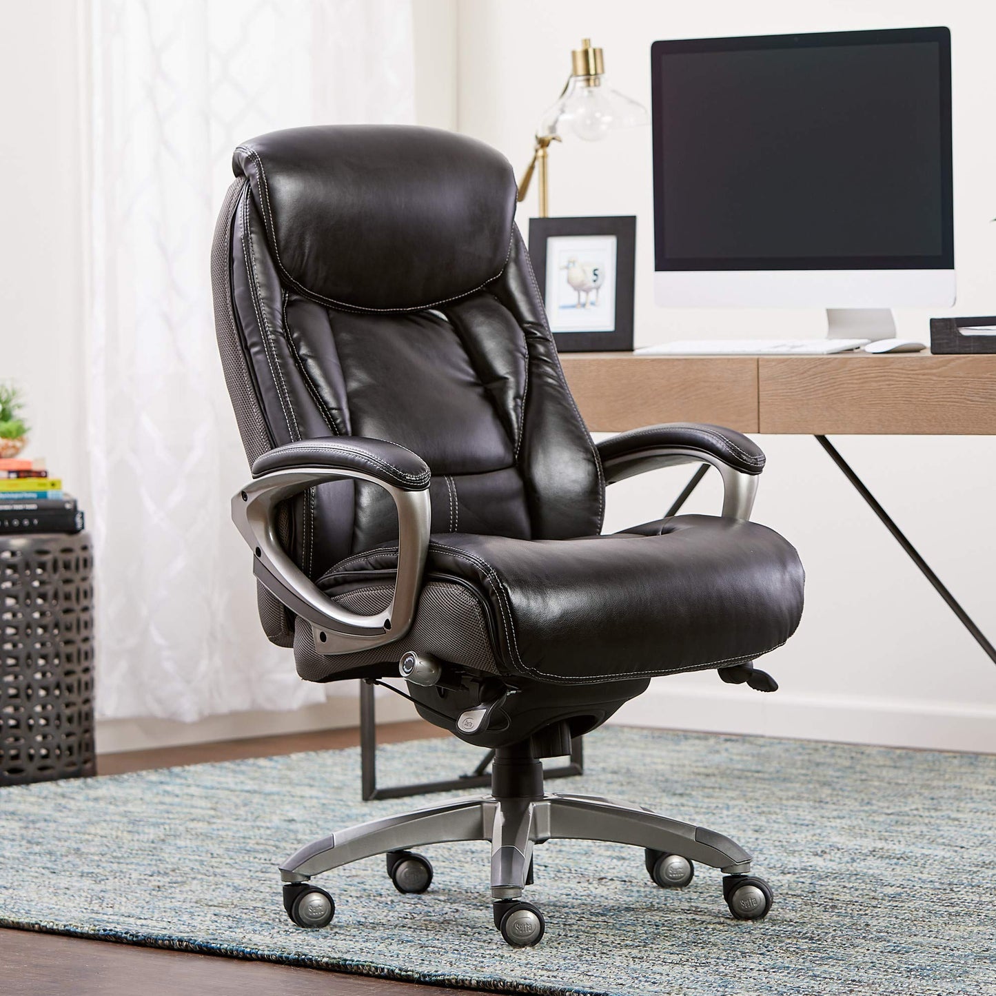 Serta Lautner Executive Home Office Desk Chair, Ergonomic High-Back with Adjustable Lumbar & Body Pillows, SmartLayers and ComfortCoils Technology, Mesh and Bonded Leather, Black/ Gray
