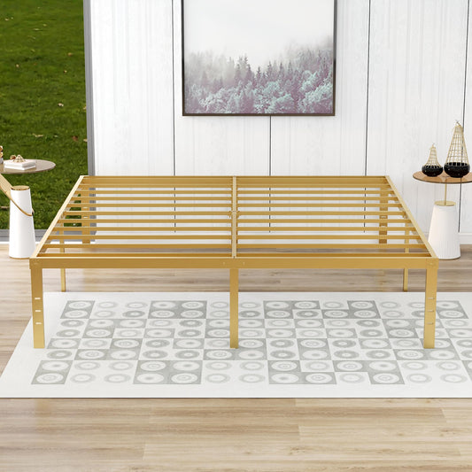 alazyhome 18 Inch Metal King Size Bed Frame Heavy Duty Platform Noise Free Steel Slat Support Easy Assembly Noise Free No Box Spring Required Gold
